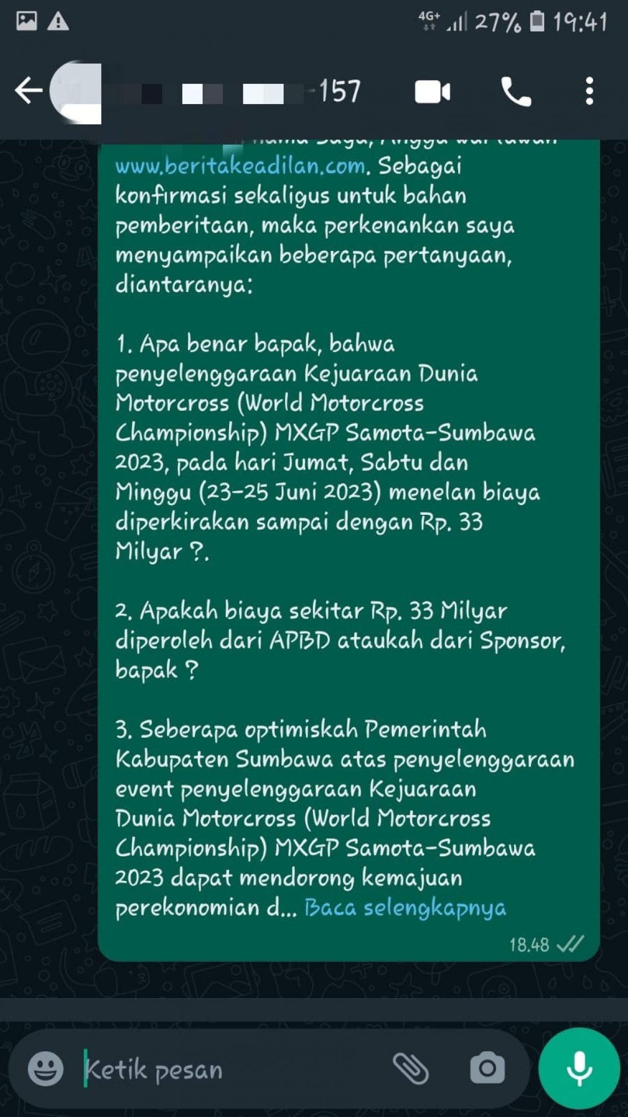 Chat Konfirmasi kepada Asisten 2 Bupati Sumbawa, Suharnaji belum ada jawaban, Kamis (22/06/2023)