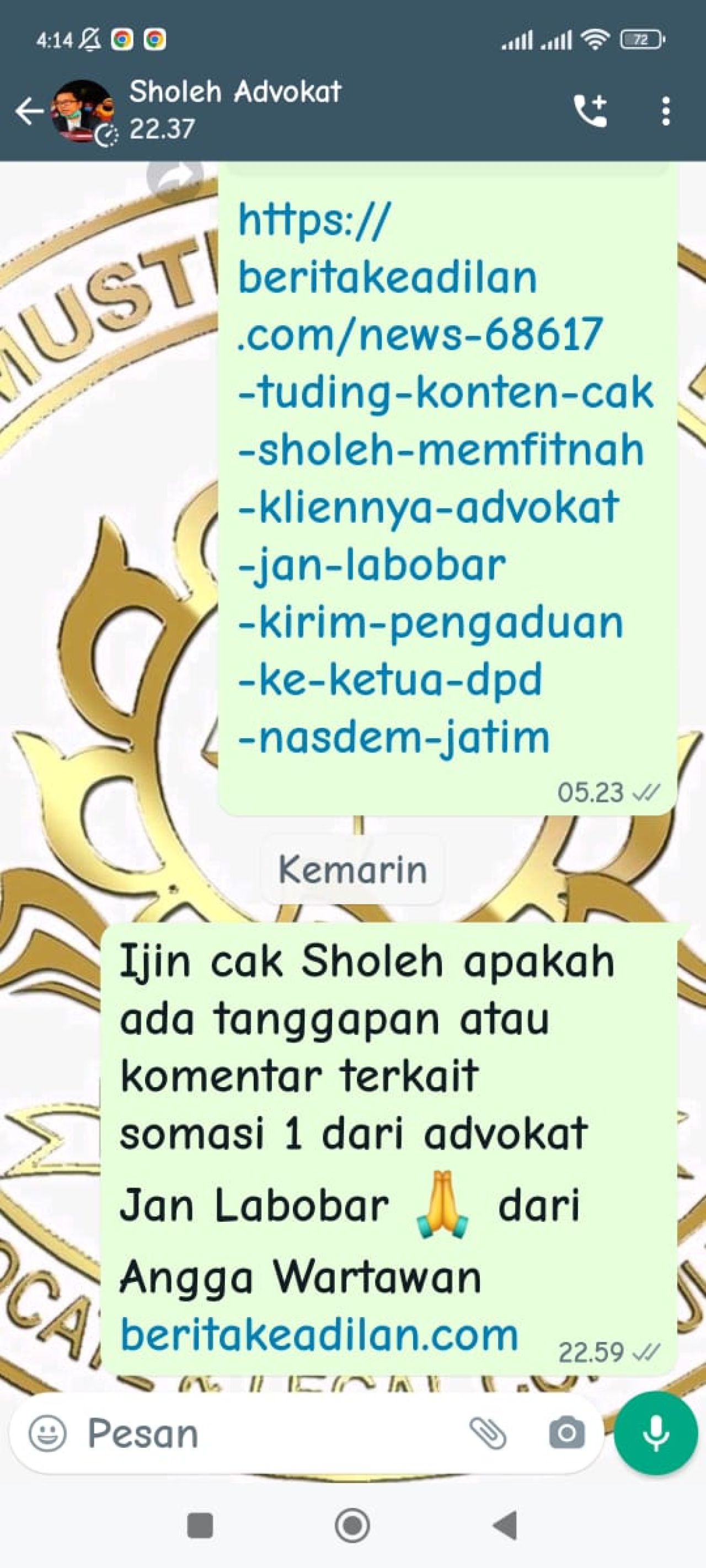 www.beritakeadilan konfirmasi chat WA ke Cak Sholeh, Senin (06/11/2023)