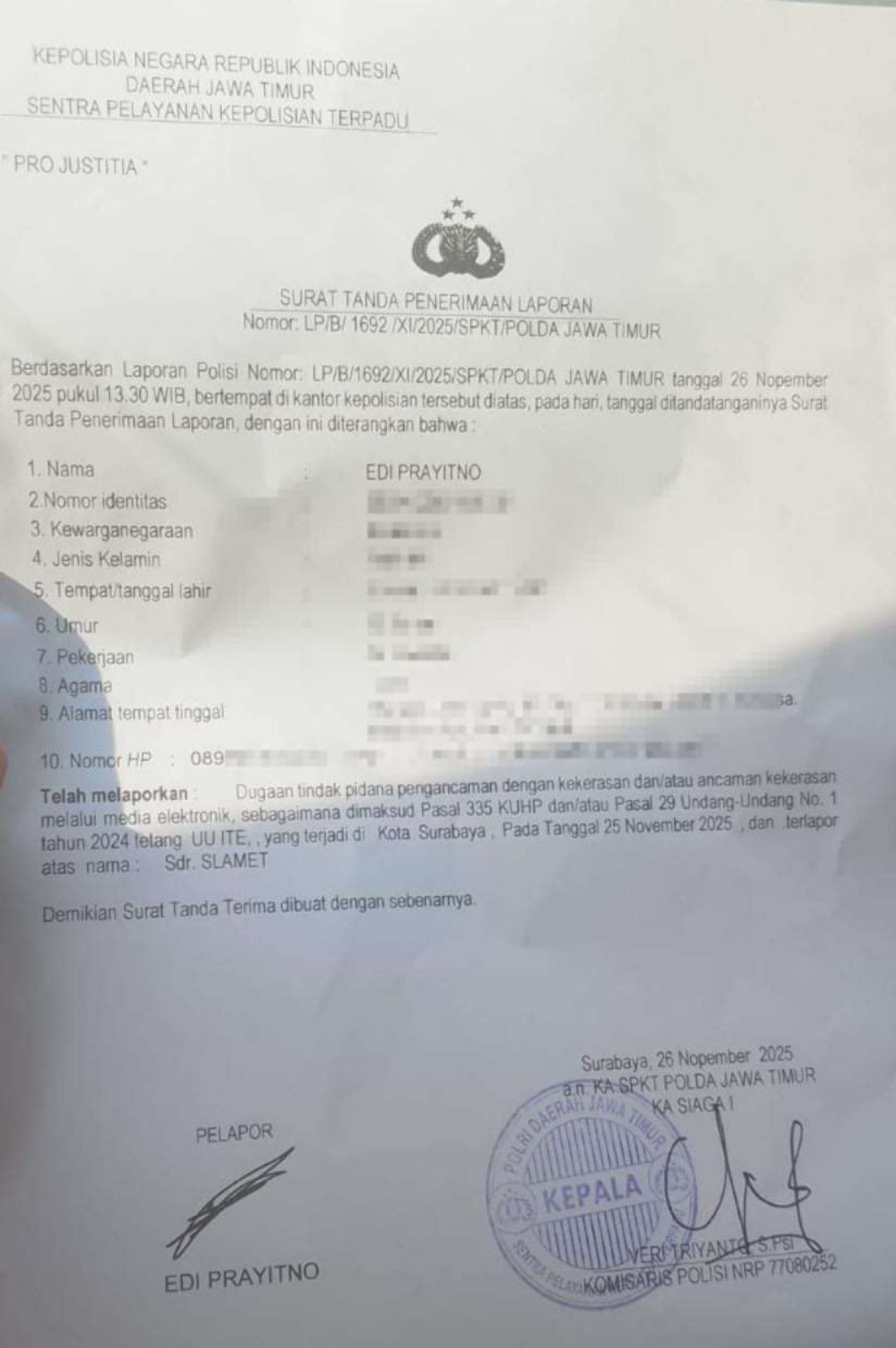 Jurnalis Edi Prayitno Laporkan Dugaan Pengancaman ke Polda Jatim, Ini Alasannya