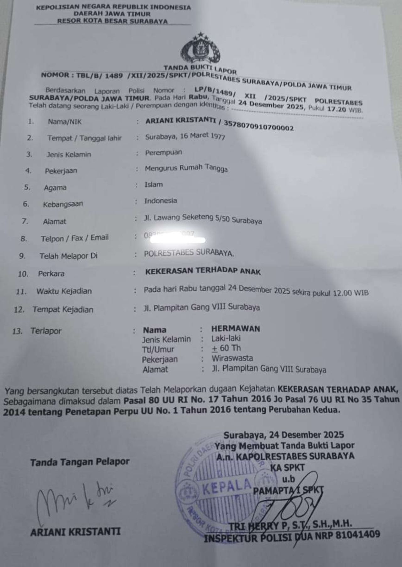 Foto: Laporan dugaan kekerasan terhadap anak di Polrestabes Surabaya oleh orang tua korban.