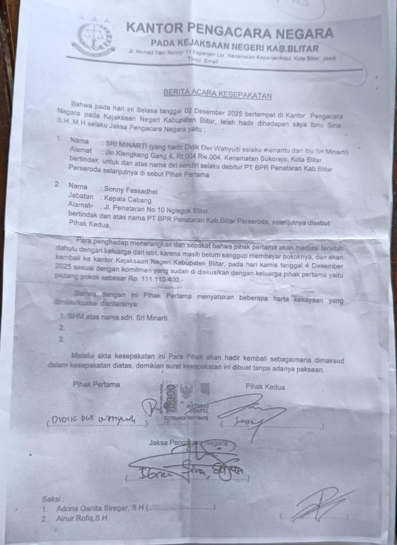 Dok Foto : Berita Acara Kesepakatan Yang Dibuat Oleh Ibnu Sina Selaku Kuasa Hukum Dari PT BPR Penataran