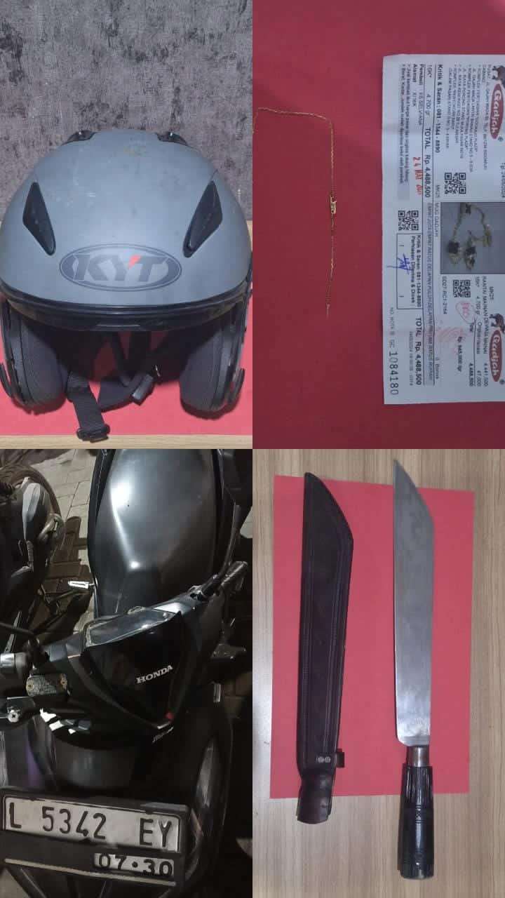 Foto: Petugas Polsek Asemrowo mengamankan dua tersangka jambret kalung di Jalan Simorejosari B Surabaya beserta barang bukti senjata tajam.