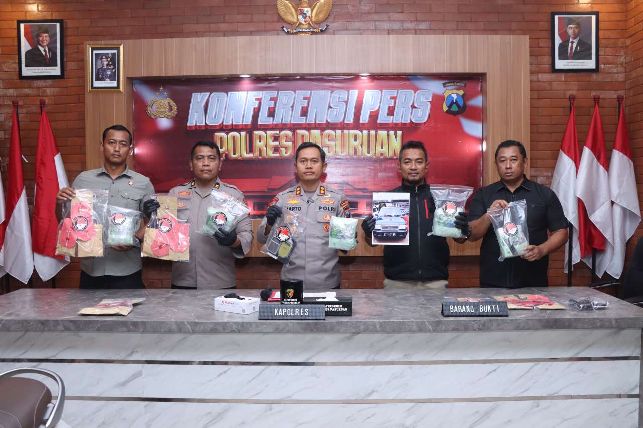 Foto: Kapolres Pasuruan AKBP Harto Agung Cahyono saat press release pengungkapan kasus narkotika Januari 2026 di Polres Pasuruan