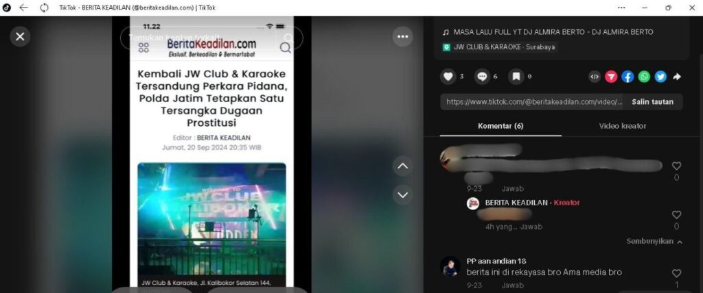 Penggerebekan Dugaan TPPO di JW Club & Karaoke, Akun Tiktok ‘PP Aan Andian 18’: Berita Ini di Rekayasa Bro Ama Media Bro