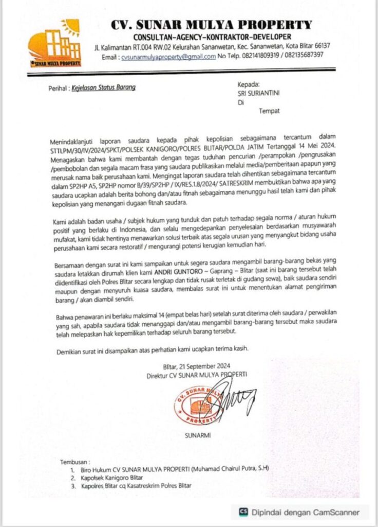 Direktur CV Sunar Mulya Property Mengedepankan Musyawarah dan Minta Sri Suriantini Ambil Barangnya Batas Tempo 14 Hari