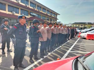 Brimob Batalyon A Pelopor Laksanakan Siaga Gabungan di Mapolda Sumsel Dalam Rangka Amankan Arus Balik Lebaran 2023