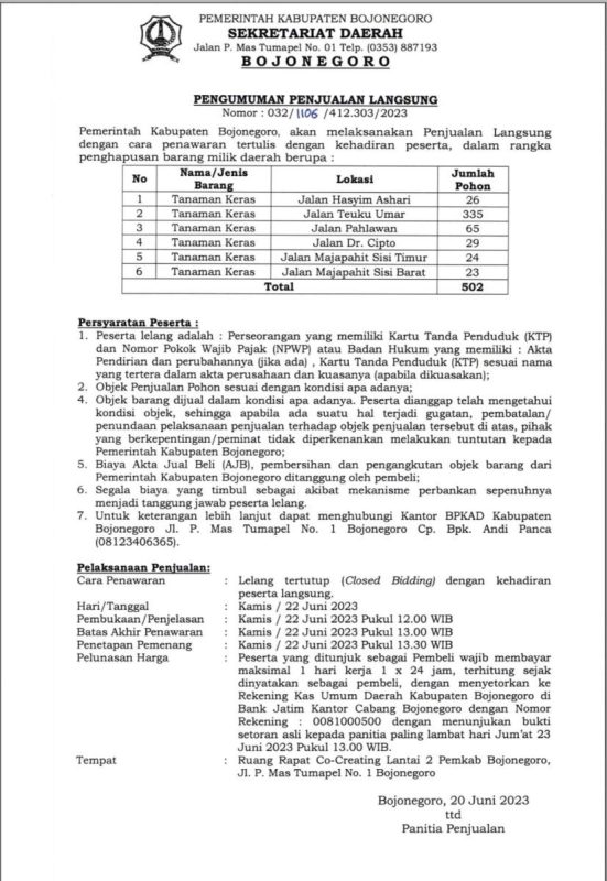 Pemkab Bojonegoro Lelang 502 Pohon Peneduh, Cek Ketentuannya