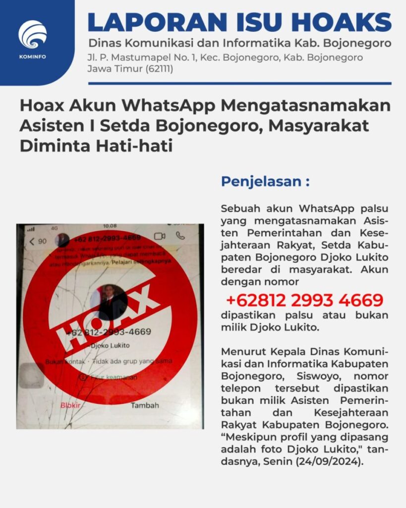 Hoax, Akun WhatsApp Mengatasnamakan Asisten I Setda Bojonegoro, Masyarakat Diminta Hati-hati