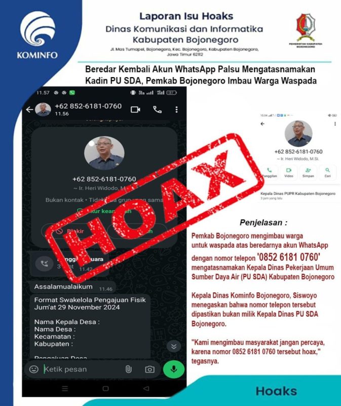 Pemkab Bojonegoro Imbau Warga Waspada Akun WhatsApp Palsu Mengatasnakan Kadin PU-SDA