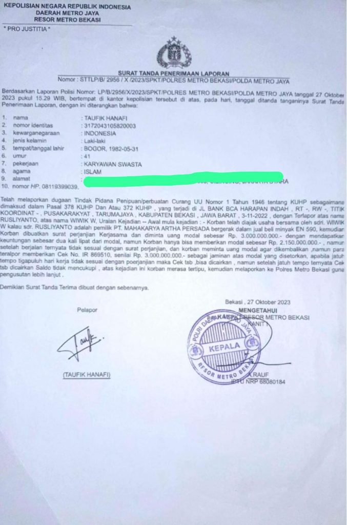 Kasus Penipuan Rp 3 Miliar oleh PT Mahakarya Artha Persada Mandek di Polres Metro Bekasi