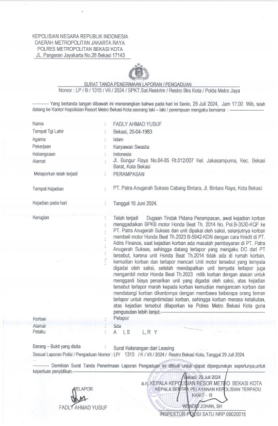 Diduga Polres Metro Bekasi Kota Kurang Serius Tangani Laporan Perampasan Motor, Ketiga Terlapor Bebas Berkeliaran