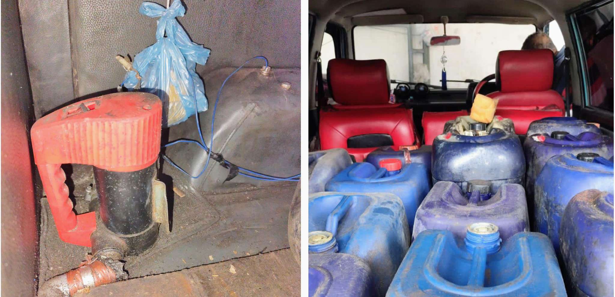 Foto: Petugas Ditreskrimsus Polda Jatim menunjukkan barang bukti jurigen berisi solar subsidi hasil pengungkapan kasus di Lumajang.