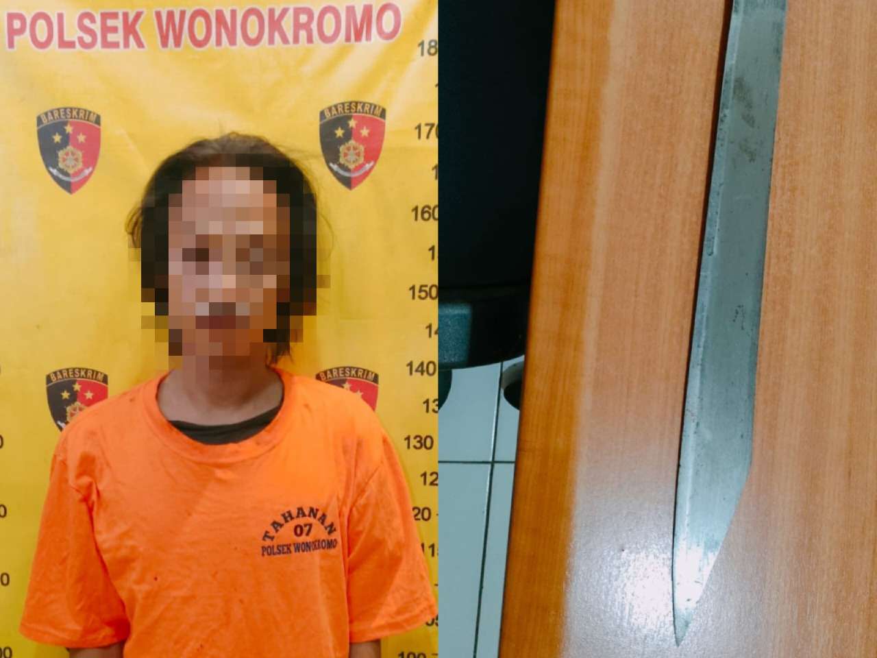 Petugas polsek Wonokromo mengamankan barang bukti dan pelaku  pembacokan akibat pesta Arak Bali di kawasan Wonokromo Surabaya.