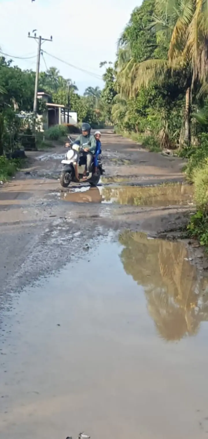 Kondisi jalan utama Desa Si Lom-lom, Kecamatan Simpang Empat, Kabupaten Asahan, semakin memprihatinkan