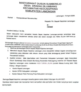 Surat Dusun Sumberejo, Desa Dradah Blumbang, Kecamatan Kedungpring, Lamongan kepada Kapolres Lamongan