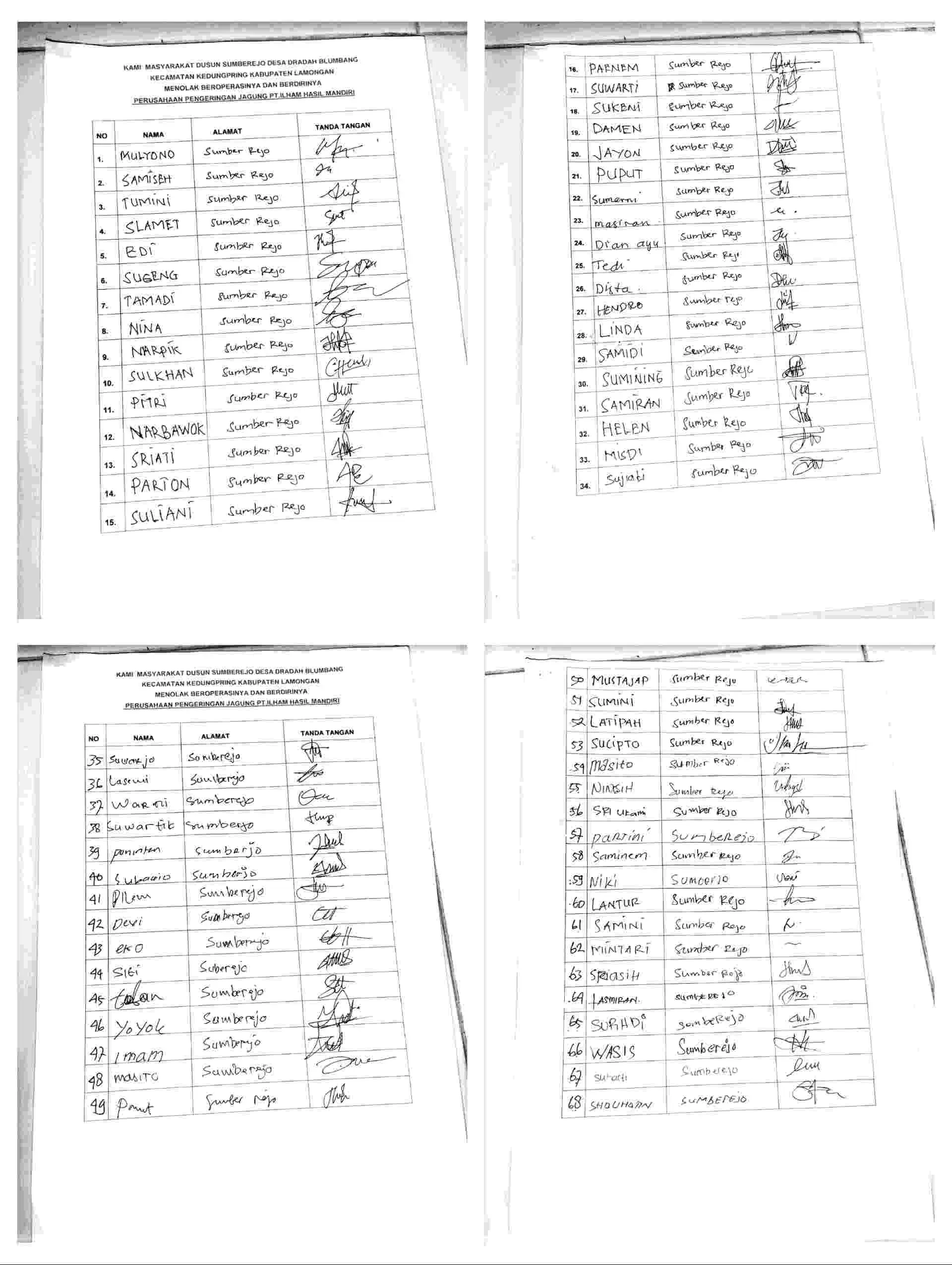 Daftar nama warga Sumberejo yang menyatakan protes atas polusi udara dan polusi suara (kebisingan)