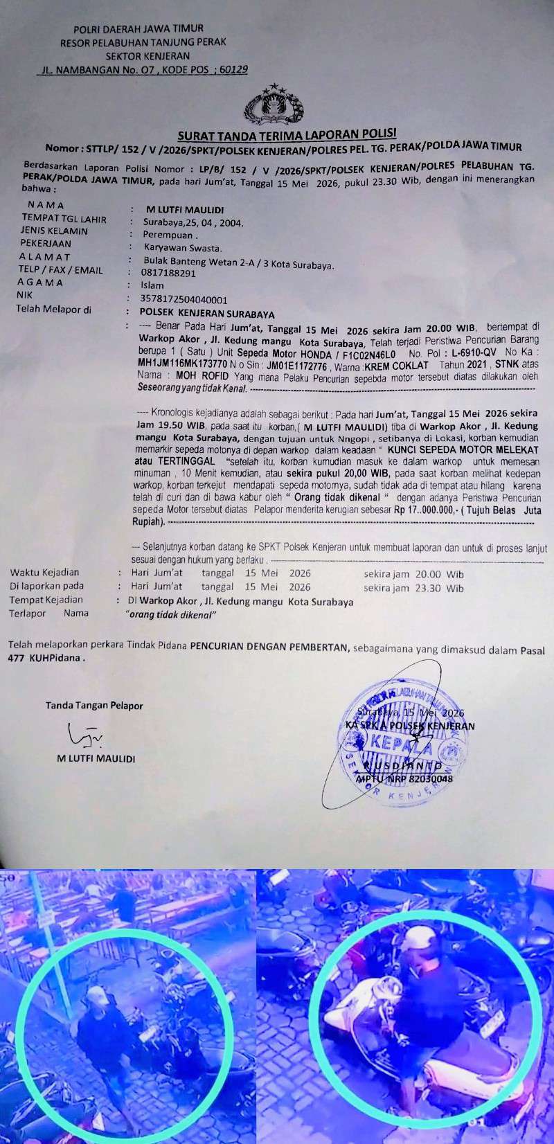 Foto; Rekaman CCTV pelaku curanmor membawa kabur Honda Scoopy milik warga Kenjeran Surabaya di kawasan Jalan Kedung Mangu.