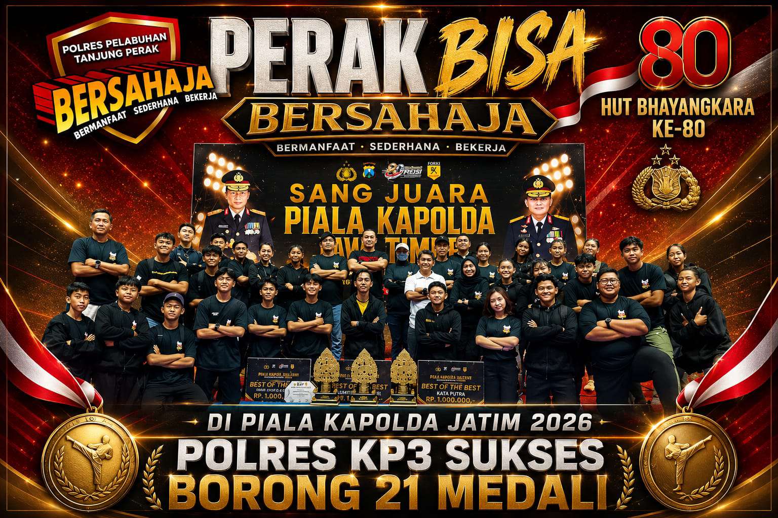 Foto: Kontingen karate binaan Polres Pelabuhan Tanjung Perak menunjukkan medali hasil perolehan pada Kejuaraan Karate Kapolda Jatim Cup 2026.