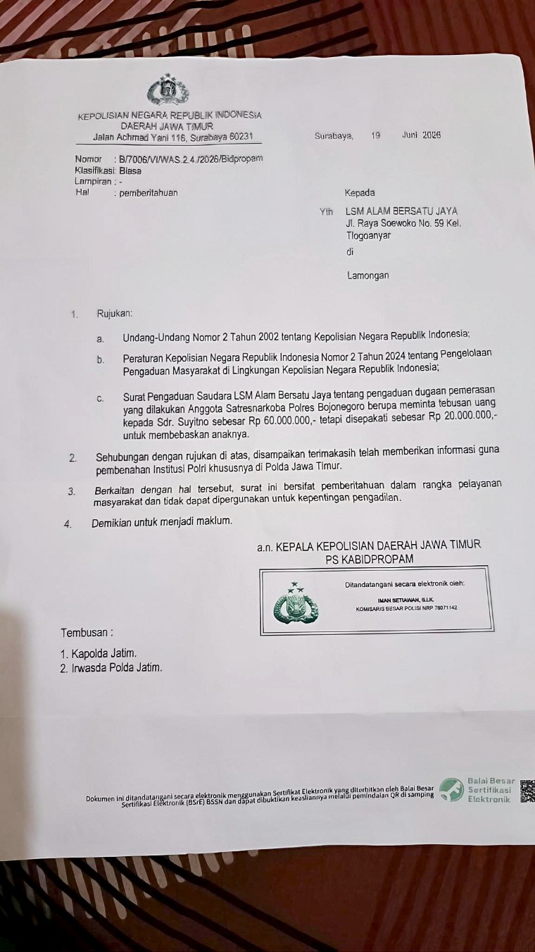 Foto: Surat resmi dari Bidpropam Polda Jatim ditujukan kepada LSM Aliansi Alam Bersatu Jaya Lamongan
