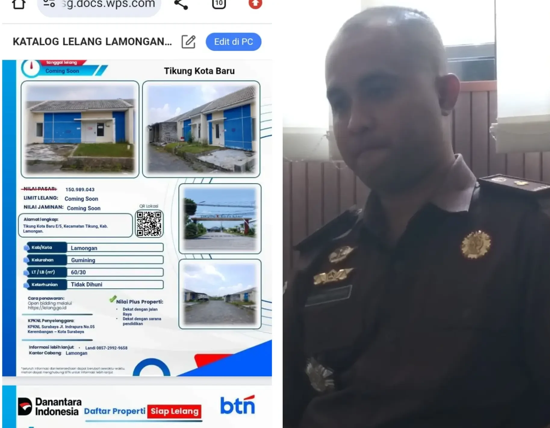 (Kiri) Bukti Lelang Unit Perumahan TKB Lamongan dan Kepala Seksi Pidana Kusus (Pidsus) Kejari Lamongan Mohammad Fajarudin