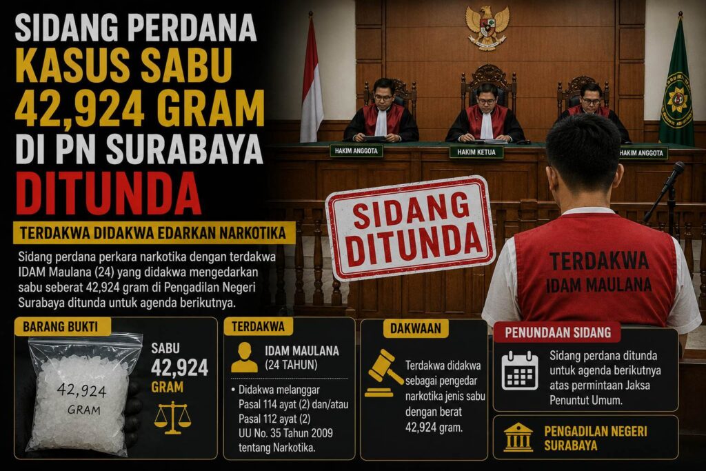 Sidang Perdana Kasus Sabu 42,924 Gram di PN Surabaya Ditunda, Terdakwa Didakwa Edarkan Narkotika