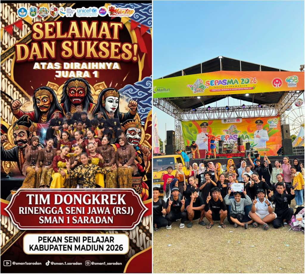 Foto: Tim Rinengga Seni Jawa SMAN 1 Saradan meraih Juara I Lomba Dongkrek pada Pekan Seni Pelajar Kabupaten Madiun 2026 dengan karya bertajuk KARMA.