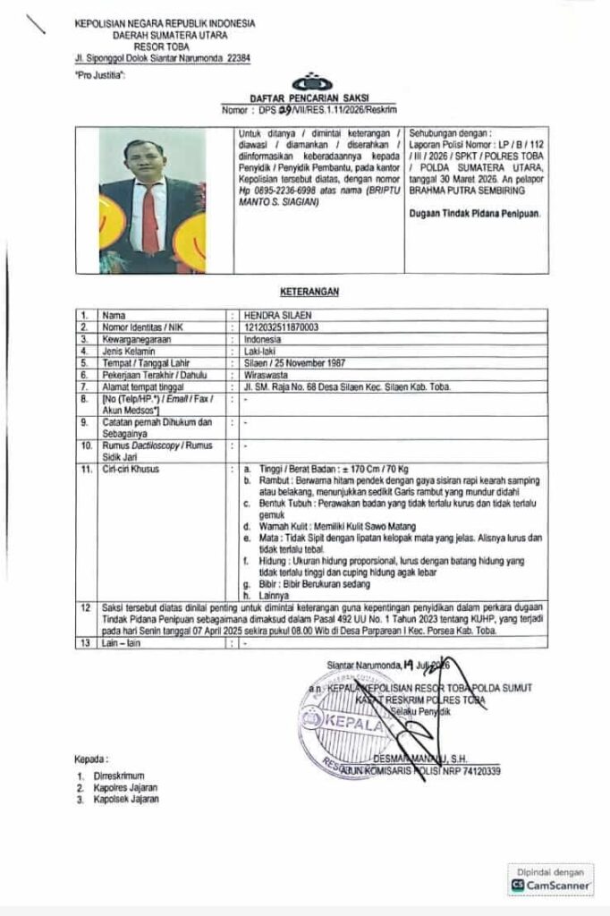 Polres Toba Terbitkan DPO Kasus Dugaan Penipuan, DPC AKPERSI Kabupaten Toba Terus Kawal Korban