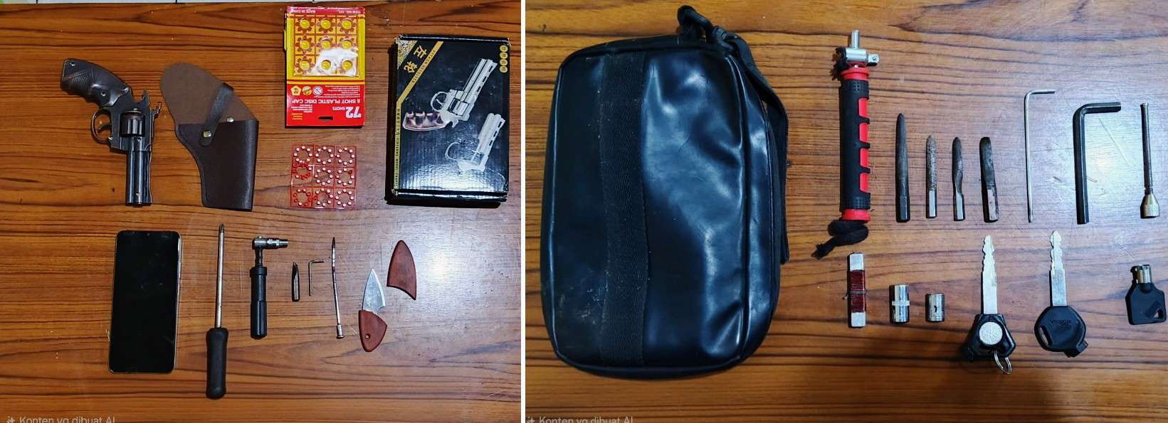 Foto: Kapolsek Genteng Kompol Grandika Indera Waspada menunjukkan dua tersangka curanmor beserta barang bukti alat pembobol kunci sepeda motor yang diamankan Unit Reskrim Polsek Genteng Surabaya.