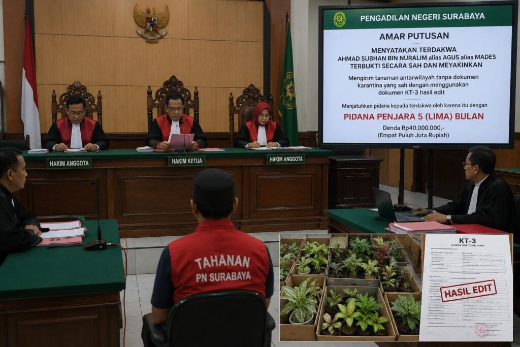 Dokumen KT-3 Dimanipulasi: PN Surabaya Vonis Pengirim 2.697 Tanaman Hias Ilegal 5 Bulan Penjara