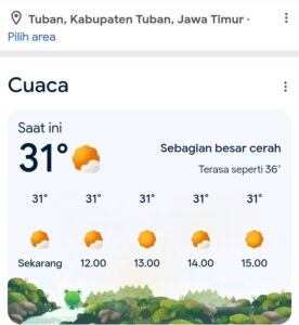 Cuaca Tuban Hari Ini Panas, Suhu Diprakirakan Capai 33 Derajat Celsius