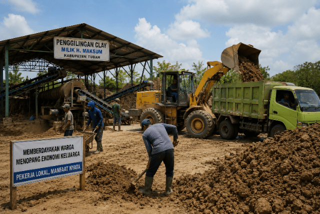 Foto: Aktivitas pekerja dan armada alat berat di lokasi penggilingan clay milik H. Maksum, Kabupaten Tuban. Kegiatan tersebut disebut turut memberdayakan tenaga kerja lokal dan menopang perekonomian masyarakat.(Ilustrasi)