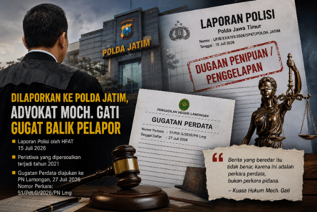 Foto: Ilustrasi kasus hukum yang melibatkan advokat Moch. Gati. Laporan dugaan penipuan/penggelapan dilayangkan ke Polda Jawa Timur, sementara pihak Gati menempuh gugatan perdata di Pengadilan Negeri Lamongan dan membantah perkara tersebut berkaitan dengan tindak pidana.