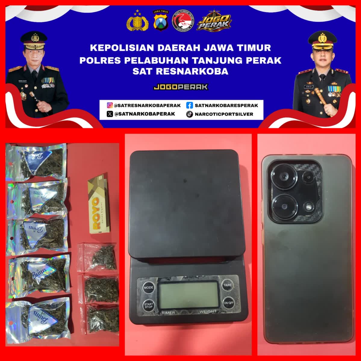 Foto: Satresnarkoba Polres Pelabuhan Tanjung Perak mengamankan barang bukti 41,8 gram ganja dari tersangka di Surabaya.