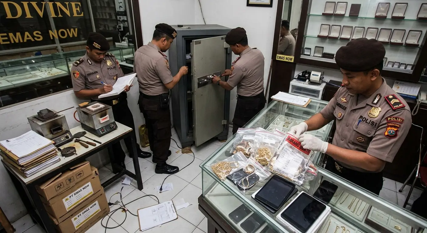 Direktorat Reserse Kriminal Umum (Ditreskrimum) Polda Bali menggeledah Toko Emas Divine dan PT Emas Now di Pertokoan Duta Wijaya, Jalan Raya Puputan, Renon, Denpasar, Bali